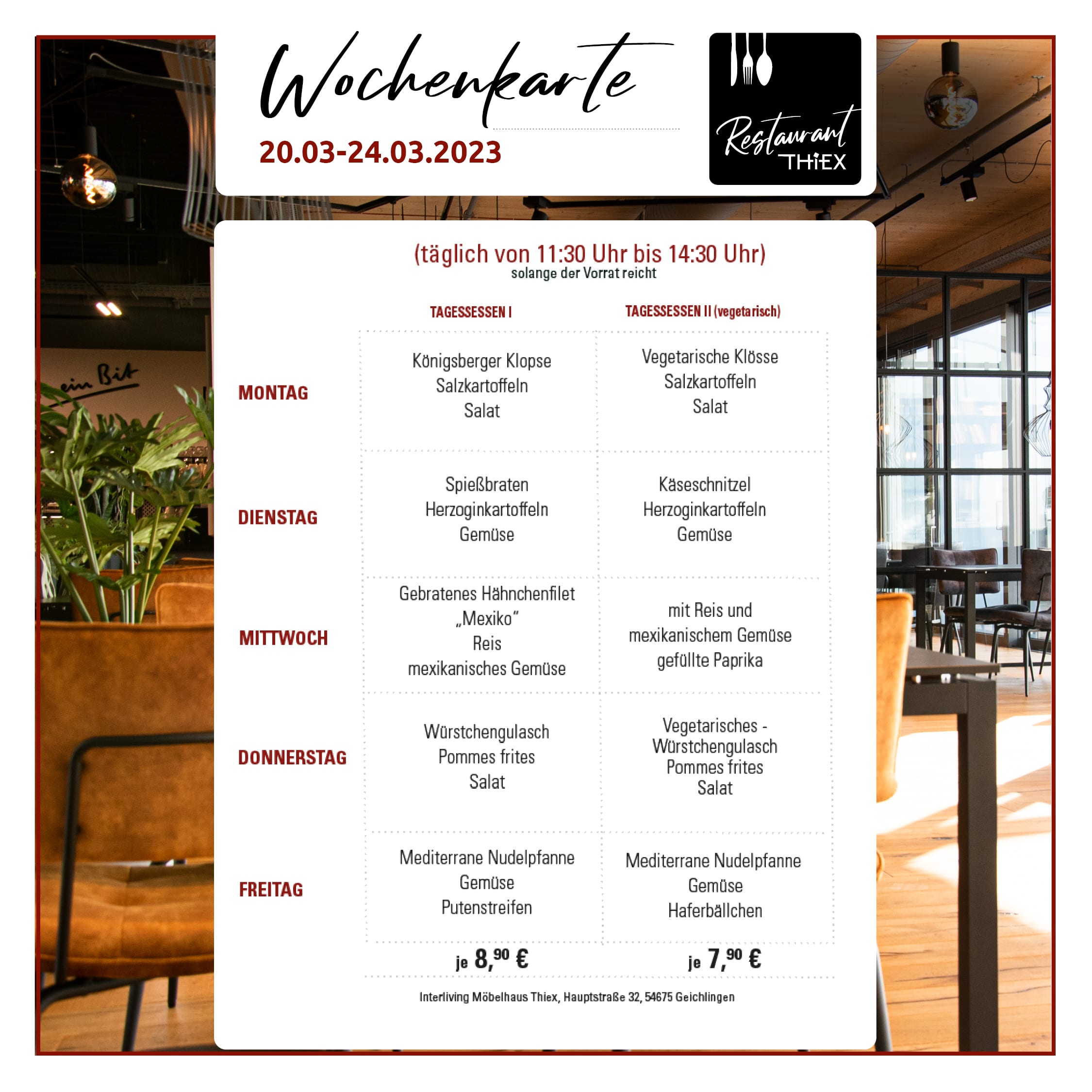 Tagesmenü, Wochenkarte, Geichlingen . Bitburg, Luxemburg, Essen, menü Speisekarte, Restaurant Thiex, Möbel für mich gemacht, schreinerei, möbelhaus, küchen, küchenspezialist, starke marken, möbel, thiex, trier, echternach, viandne, gerolstein,