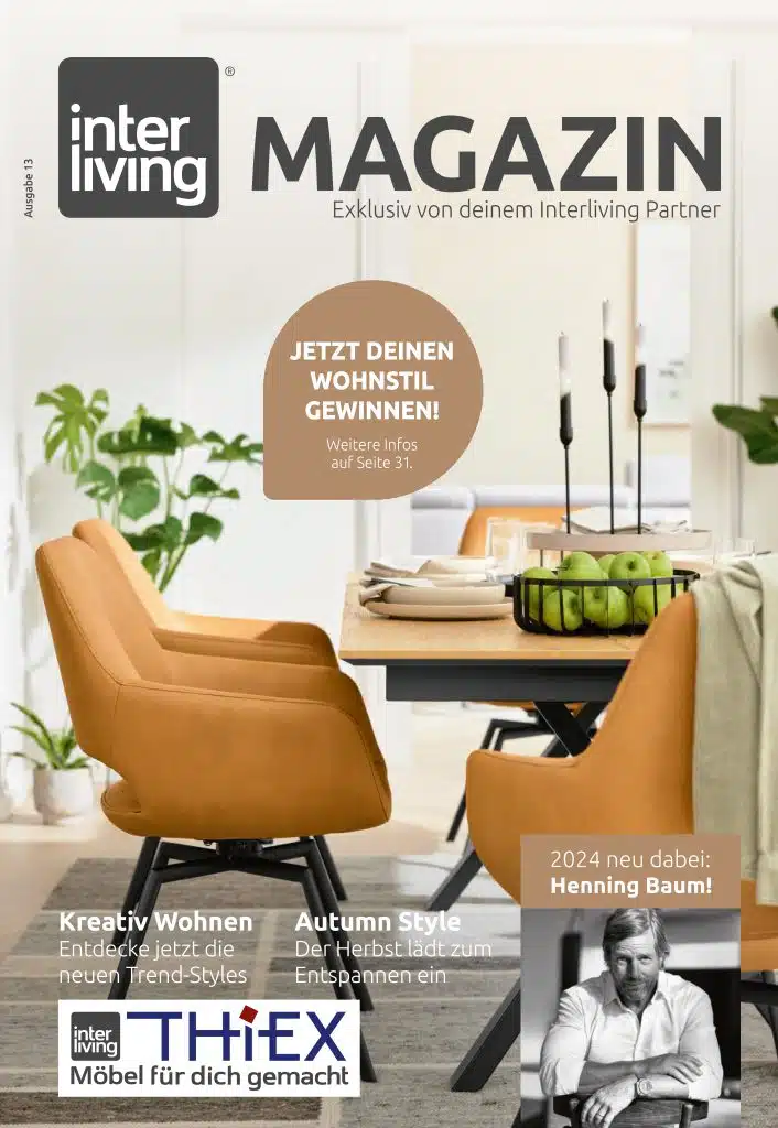 Titelbild des Interliving Magazins mit einem modernen Essbereich mit braunen Stühlen, Tischdekoration und Text über Trends und Werbegeschenke.