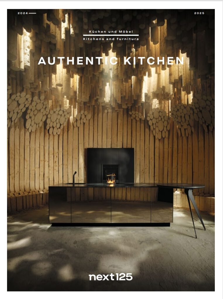 Moderne Küche mit Holzblockwand, reflektierender Insel und dramatischer Beleuchtung; Text "AUTHENTIC KITCHEN" darüber.