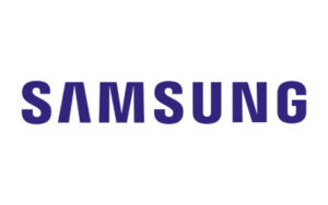 Das Samsung-Logo in fetten, blauen Großbuchstaben auf weißem Hintergrund.