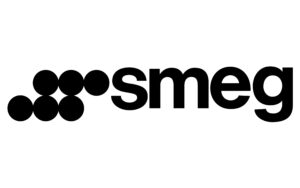 Smeg-Logo in schwarzer Schrift mit vier schwarzen Kreisen, die links vom Text in einem Quadrat angeordnet sind.