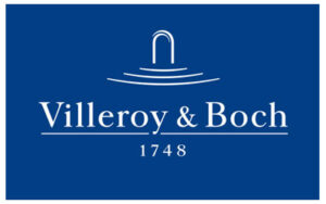 Logo von Villeroy & Boch mit weißem Text und einer Brunnengrafik auf blauem Hintergrund, mit der Jahreszahl 1748.