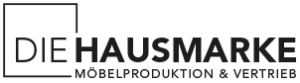 Logo mit Schriftzug DIE HAUSMARKE Möbelproduktion & Vertrieb in Schwarz auf hellem Grund mit quadratischem Umriss links.