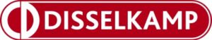 Rotes und weißes Logo mit dem Wort DISSELKAMP in fetten Großbuchstaben innerhalb eines runden Rechtecks.