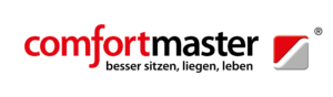 Comfortmaster-Logo mit rotem und schwarzem Text und einem grauen und roten quadratischen Symbol sowie dem deutschen Slogan Besser sitzen, liegen, leben.