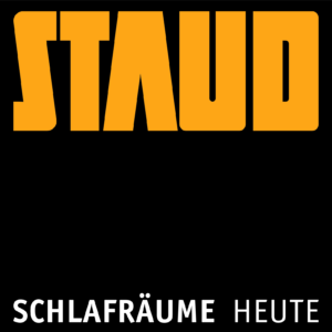 Fettes orangefarbenes STAUD über weißem Text SCHLAFRÄUME HEUTE auf schwarzem Hintergrund.