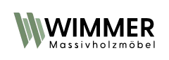 Wimmer Massivholzmöbel Logo mit grünem stilisiertem W und schwarzem Text auf hellem Hintergrund.