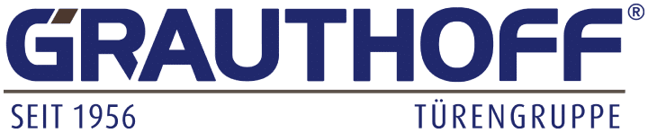 Grauthoff-Logo mit Seit 1956 auf der linken Seite und Türengruppe auf der rechten Seite, in blauer Schrift auf weißem Hintergrund.