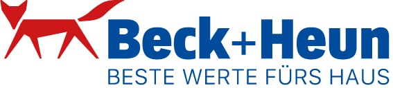 Rotfuchs-Logo links von Beck + Heun in blauer Schrift, darunter in blauer Schrift BESTE WERTE FÜRS HAUS.