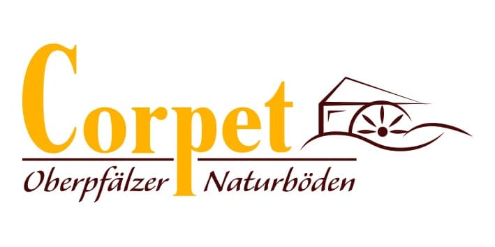 Corpet Oberpfälzer Naturböden Logo mit stilisiertem Text und einer braunen Mühlenillustration auf der rechten Seite.