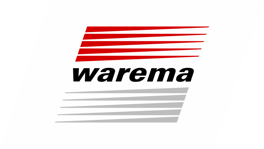 Logo mit dem Wort warema in schwarz, rot und grau mit schrägen Linien oben und unten auf weißem Hintergrund.