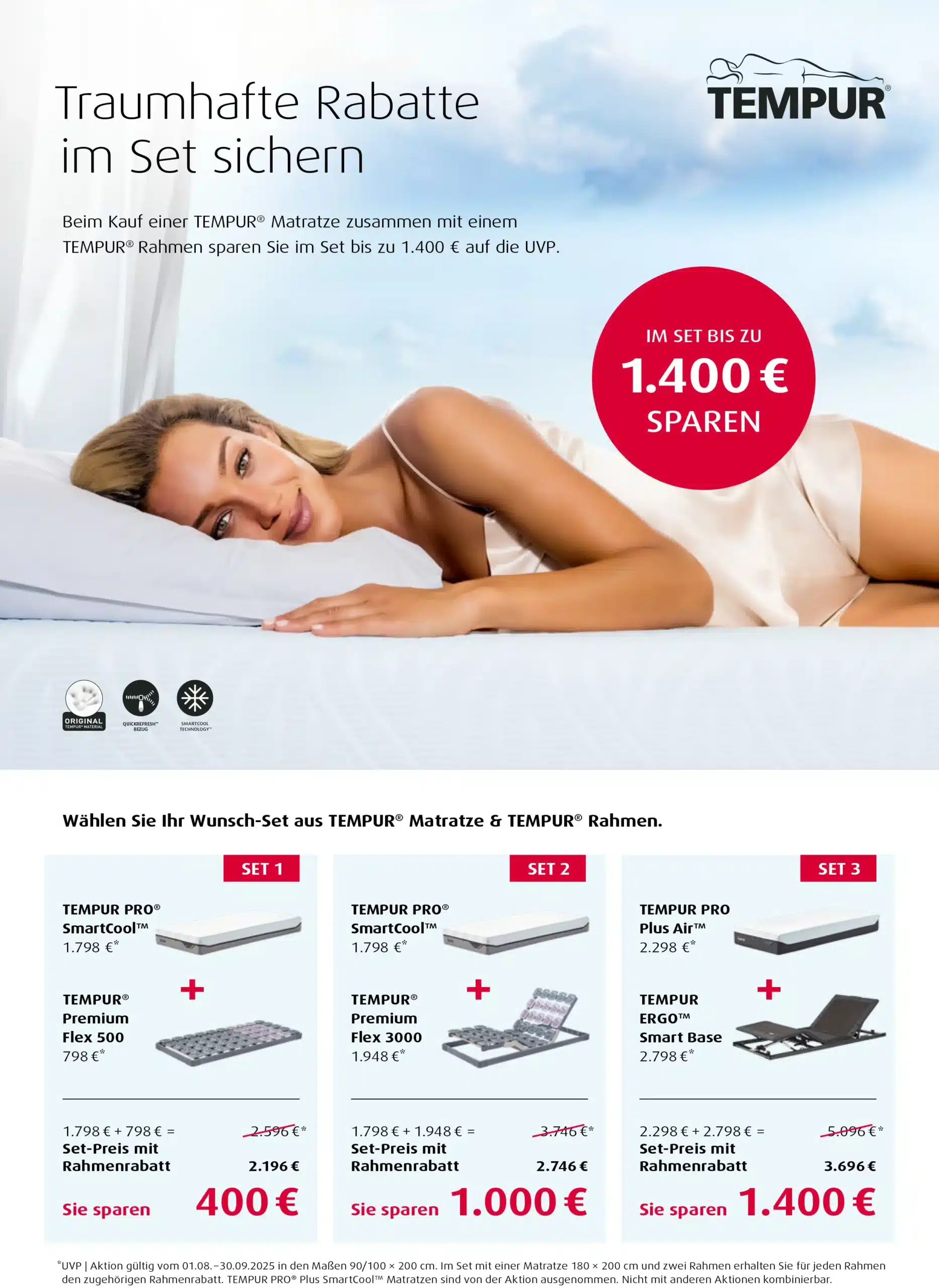 Eine Frau liegt lächelnd auf einem Bett; Tempur-Matratzen und -Rahmen werden mit Rabatten von bis zu 1.400 Euro beworben.