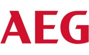 Rote AEG-Buchstaben in fetten Großbuchstaben auf weißem Hintergrund.