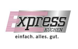 Logo für Express Küchen mit dem Slogan einfach. alles. gut. auf einem metallischen Hintergrund.