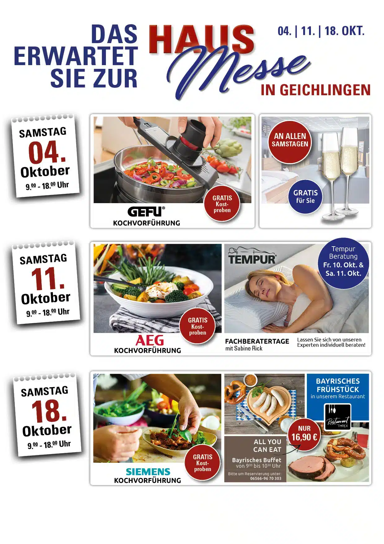 Ein Flugblatt wirbt für Küchenvorführungen und kostenlose Frühstücke auf einer Hausmesse in Geichlingen am 4., 11. und 18. Oktober.