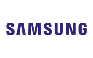Das Samsung-Logo mit dem Markennamen in fetten, blauen Großbuchstaben auf weißem Hintergrund.