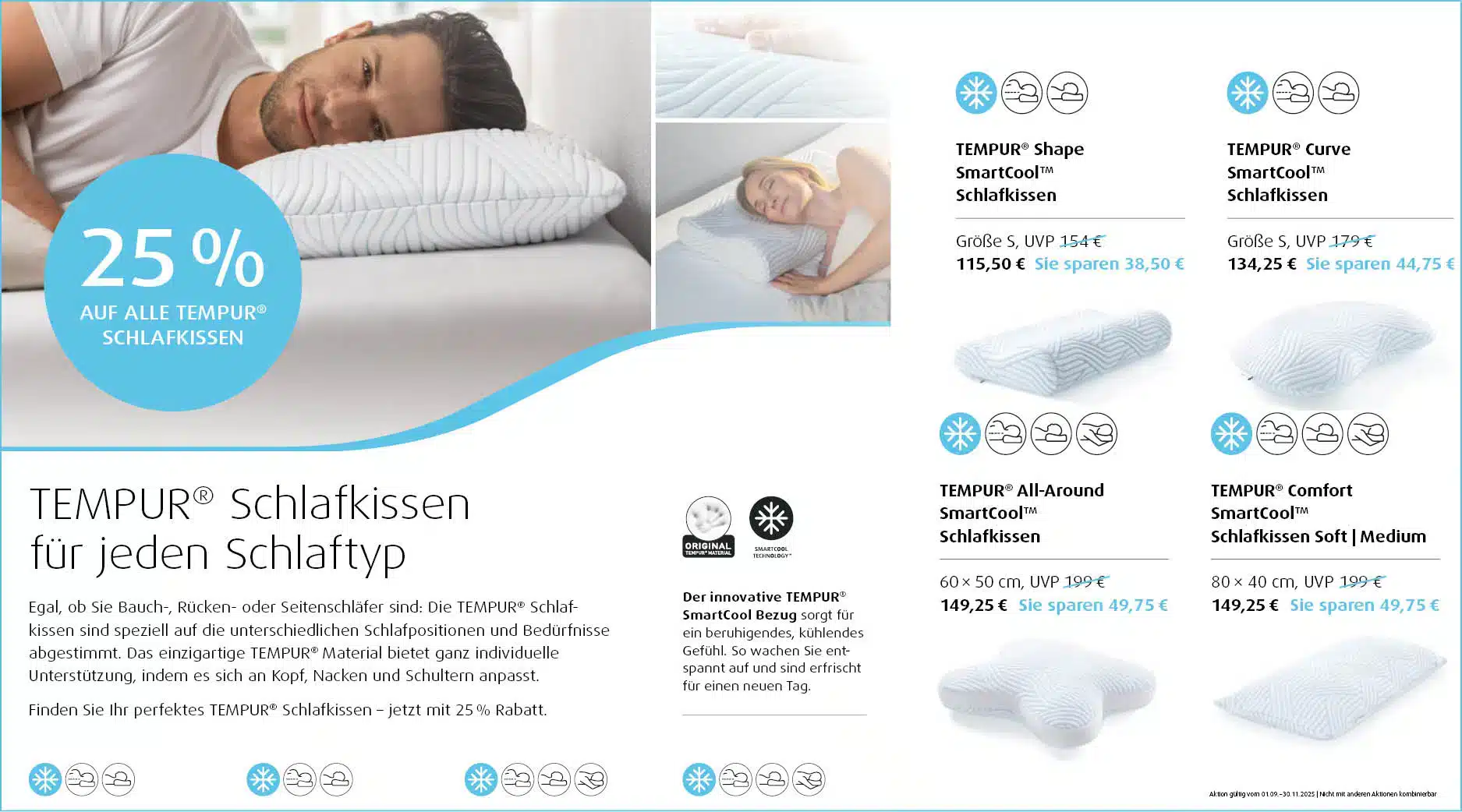 Ein Mann liegt auf einem weißen Kissen; verschiedene Tempur-Kissen und Preise sind abgebildet mit einem Rabattangebot von 25 % in deutscher Sprache.
