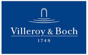Villeroy & Boch Logo mit Brunnengrafik über dem Text Villeroy & Boch 1748 auf blauem Hintergrund.