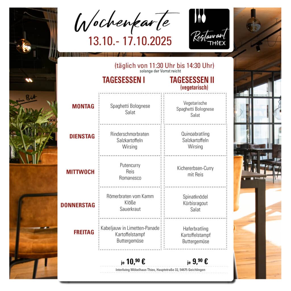 In einem Restaurant ausgestellte Wochenkarte mit den täglichen Mittagsangeboten vom 13. bis 17. Oktober 2025.