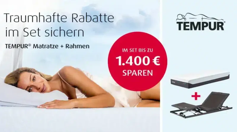 Frau auf einem weißen Bett liegend, Tempur Matratze und Lattenrost Angebot, bis zu 1.400 Euro sparen, Tempur Logo oben rechts.